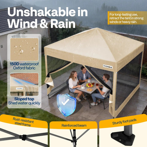 10x10ft Pop Up Screen Tent With Mosquito Netting And Two Zipper Doors Roller Bag Outdoor Canopy in rain with people inside
