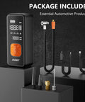 Portable Tire Inflator Air Pump With Digital Pressure Gauge And LED Light, 4X Faster Inflation To 150 PSI, package contents displayed