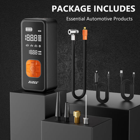 Portable Tire Inflator Air Pump With Digital Pressure Gauge And LED Light, 4X Faster Inflation To 150 PSI, package contents displayed