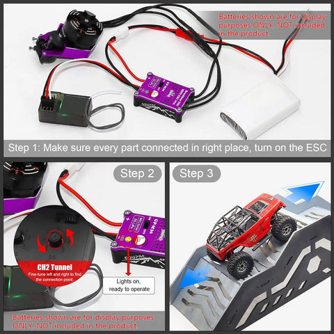 Beefy Torque 2204 2400KV Motor with 30A ESC connected, showing assembly steps and crawler car on ramp.