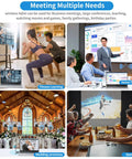 Collage showing wireless HDMI usage: fitness learning, home theater, wedding ceremony, sport bat