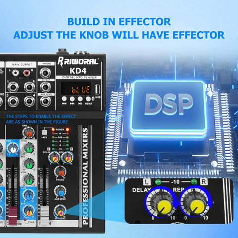 Close-up of DSP and controls on 4 Channel Audio Interfacer DJ Mixer with USB Audio Interface, built-in effects displayed.