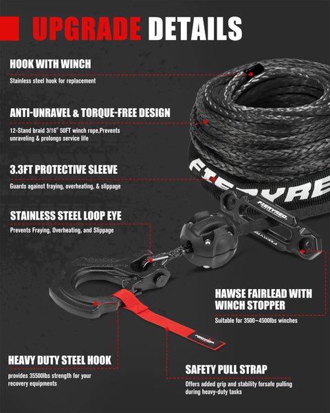 Beefed Up 8500Lbs 50 Feet 3 16 Inch Synthetic Winch Rope Kit with Forged Hook, Fairlead, and UV Sleeve for ATV UTV Recovery
