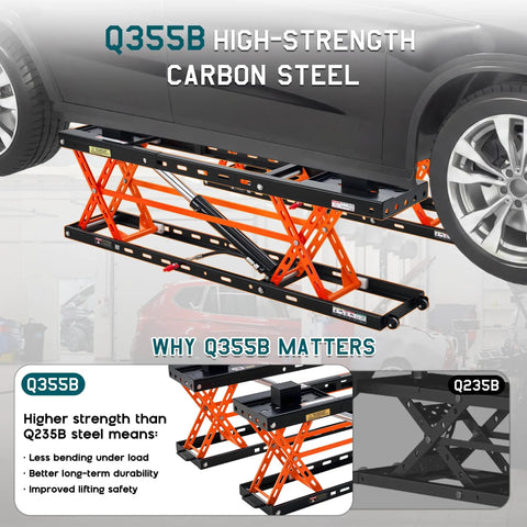 Heavy Duty Portable Car Lift For Home Garage Shop With Hella Tough Carbon Steel Construction And Dual Safety Locks Easily Raises Sedans And Light Trucks Up To Five Thousand Pounds Smoothly with Q355B steel.