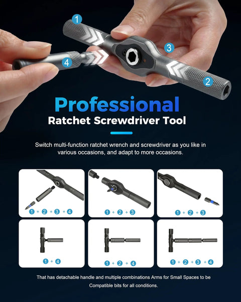 Hands assembling 32 In 1 Magnetic Ratchet Screwdriver Set With Removable T Handle, focus on the upgradeable multi-bit tool kit.