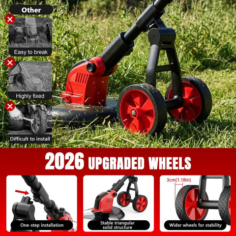Close-up of the 2026 upgraded wheels of the Cordless 6000mAh Weed Eater With 12 Inch Brushless Head Wheeled String Trimmer.