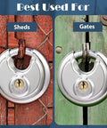 Keyed Alike Disc Padlocks Set, Beefy Stainless Steel Locks With Shared Key on shed and gate
