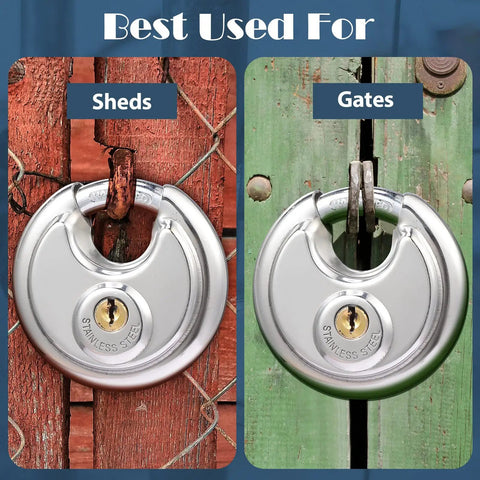 Keyed Alike Disc Padlocks Set, Beefy Stainless Steel Locks With Shared Key on shed and gate