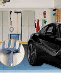 Garage with car, cabinets, tools, and close-up of 16 Pack U Hooks Value Pack Heavy Duty Wall Hangers For Tools Mops And Brooms on wall.
