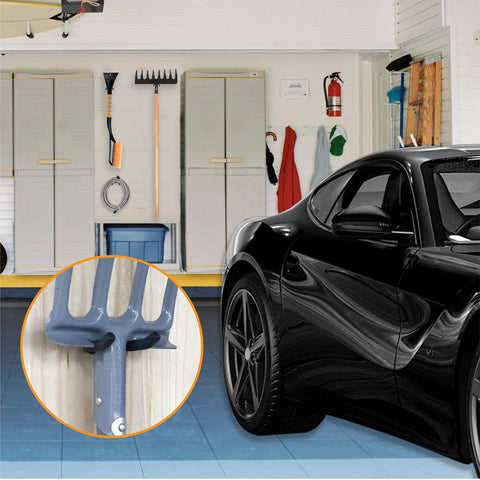 Garage with car, cabinets, tools, and close-up of 16 Pack U Hooks Value Pack Heavy Duty Wall Hangers For Tools Mops And Brooms on wall.