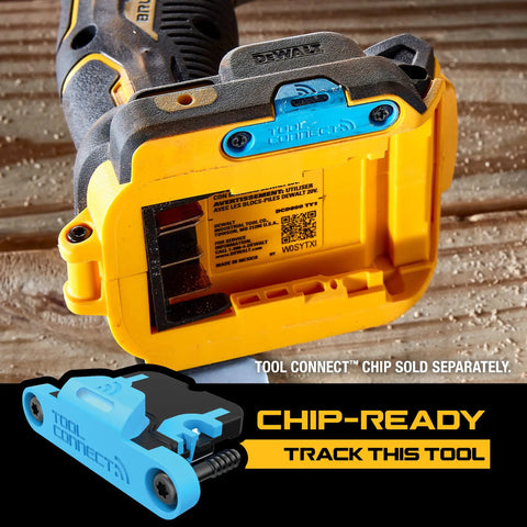 Back view of 20V Max XR Cordless Drill/Driver Bare Tool with chip-ready feature and compartment for tool connect module