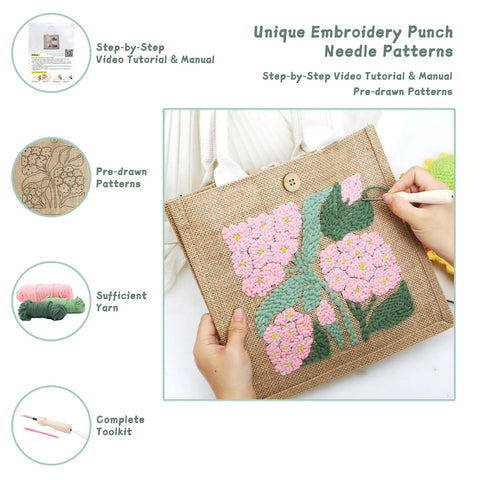 Hands embroidering pink-green design on DIY Punch Needle Tote Bag Kit For Adults And Beginners With Video Tutorial And Clear Written Instructions Includes Tools For A Unique Pink Green Tote Pattern You Can Craft On The Go.