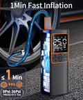 150 PSI Cordless Air Compressor And Tire Inflator With Auto Shut Off And Rechargeable Battery next to car wheel