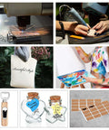 Dunzoom 257-piece laser material kit collage: laser engraver in action with acrylic, wood, fabric, leather, glass, cork.