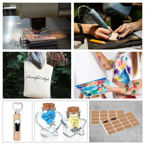 Dunzoom 257-piece laser material kit collage: laser engraver in action with acrylic, wood, fabric, leather, glass, cork.