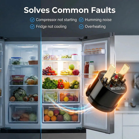 Two Pack 6750CL0001D 3 Pin Refrigerator Compressor Overload Protector for LG and Kenmore shown next to refrigerator.