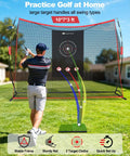 Golfer using 10 By 7 Foot Golf Practice Net With 2 Targets Heavy Duty Hitting Net for Backyard Training with Training Mat
