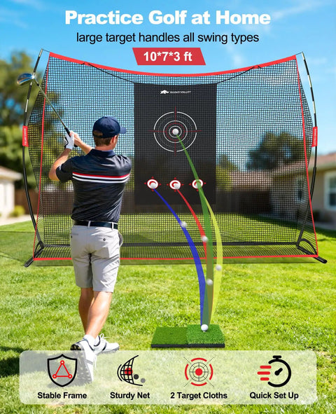 Golfer using 10 By 7 Foot Golf Practice Net With 2 Targets Heavy Duty Hitting Net for Backyard Training with Training Mat