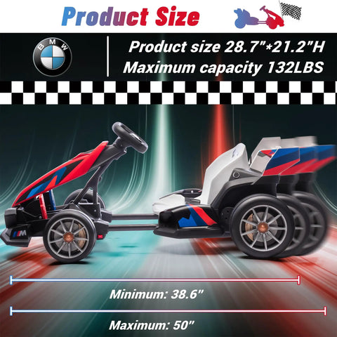 Side view of BMW Licensed Drift Electric Go Kart For Kids With Dual Motors And Adjustable Seat Led Lights Drift Mode Red