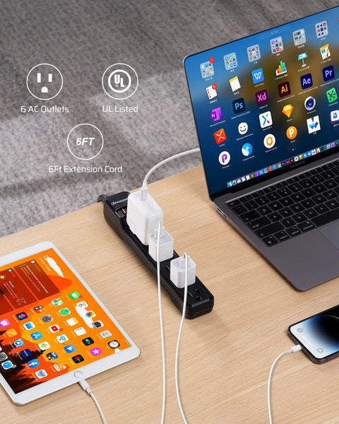 Two Pack 6 Outlet Power Strip Surge Protector with Six Foot Extension Cord, UL Listed, powering devices on a desk