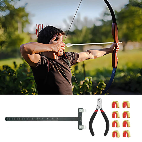 Archery Bow String Nocking Points Kit with T Square Ruler, Nocking Buckle Pliers, and 8 Nocking Buckles for bowstring tuning