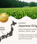 Field of tea leaves in Nishio, Japan with map and ceremonial grade certification badge, highlighting Japanese origin and blending.