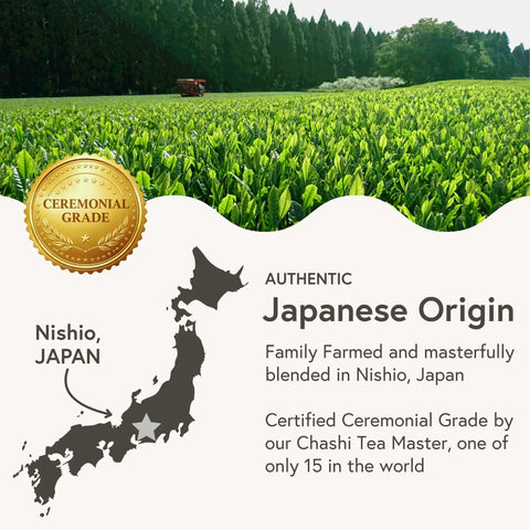 Field of tea leaves in Nishio, Japan with map and ceremonial grade certification badge, highlighting Japanese origin and blending.