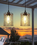 Super Lit Battery Operated Hanging Chandelier Crafted From Twisted Copper And Glowing Gold Beads 5By6 Inch Pendant Lamp illuminated at sunset.