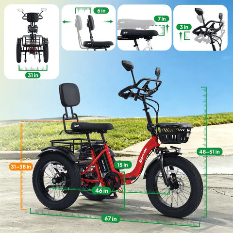 750W Fat Tire Electric Tricycle For Adults And Seniors With Three Wheels E Trike 48V 13Ah UL 2849 Battery 55 Mile Range Semi Recumbent Three Wheel With Hydraulic Brakes Premium Red Model, side view