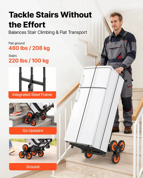 Man using Stair Climbing Dolly With Telescoping Handle 460 Lb Capacity Heavy Duty Folding Trolley Cart For Stairs And Flat Surfaces Six Wheels And Two Ropes Ideal For Home Groceries And Warehouse indoors on stairs