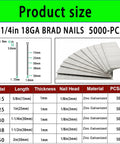 Heavy Duty 18 Gauge Brad Nails 5000 Count 1 1/4 Inch Length Galvanized Coating Stands Up To Rust For Pneumatic Or Electric Brad Nailers product size chart.