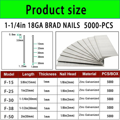 Heavy Duty 18 Gauge Brad Nails 5000 Count 1 1/4 Inch Length Galvanized Coating Stands Up To Rust For Pneumatic Or Electric Brad Nailers product size chart.