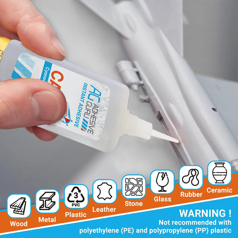 CA glue with activator bottle being used; clear plastic bottle with white applicator nozzle, 1-pack
