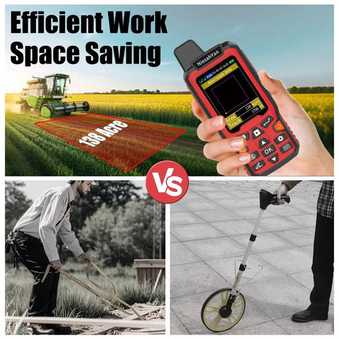 Built Tough Handheld GPS Surveying Tool With GPS GLONASS For Pro Grade, Real World Field Use, Perfect For Ranches, Gardens, Farmland And Parking Lots, Lightning Fast Positioning, Area Accuracy To 0.003 Acres, No Waypoint Saving showing area measurement in a field