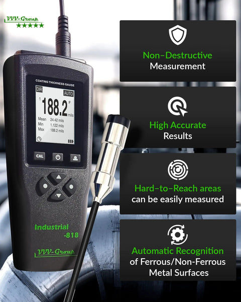 Industrial-Grade Coating Thickness Gauge With External Probe For Marine And Steelwork, Measures 0-197 mil (0-5000 microns) Fe And 0-120 mil (0-3000 microns) NFe, 0.001 mil Resolution, Factory, Zero, And Multi-Point Calibration, PC Connectivity, shown with probe