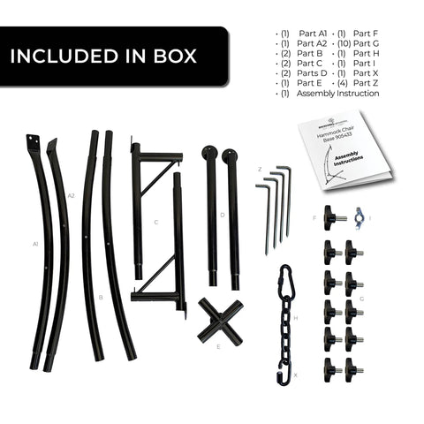 Durable Outdoor Hammock Swing Stand With Rust Resistant Steel assembly parts laid out with instructions included