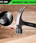 Close-up of 16 oz claw hammer with magnetic nail holder, showing ergonomic non-slip handle and one-piece forged construction in use.