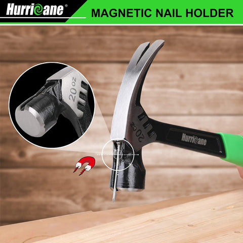 Close-up of 16 oz claw hammer with magnetic nail holder, showing ergonomic non-slip handle and one-piece forged construction in use.