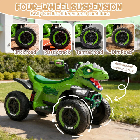Green 24V Dinosaur Ride On ATV For Kids Aged 4 To 8 with Four-Wheel Suspension on various terrains