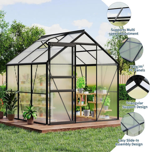Six By Six Foot Outdoor Greenhouse Kit With Heavy Duty Aluminum Frame Built To Last, Insulated Polycarbonate Panels shown in garden