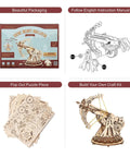 3D Wooden Catapult Kit For Adults with packaging, puzzle pieces, instruction manual, and assembled rotating launcher model