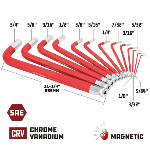 SAE 13 Piece Jumbo Long Point Magnetic Hex Key Set With Ball End, Extra Long Allen Wrenches 5/64 In To 3/4 In, Magnetic Tips For Tough Angles And Tight Spots, Long Handles For Maximum Reach And Torque, Heavy Duty Chrome Vanadium Construction