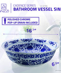 Anzzi Cadence Series bathroom vessel sink with polished chrome pop-up drain, 16.1 inch diameter, blue floral pattern.
