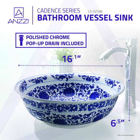 Anzzi Cadence Series bathroom vessel sink with polished chrome pop-up drain, 16.1 inch diameter, blue floral pattern.