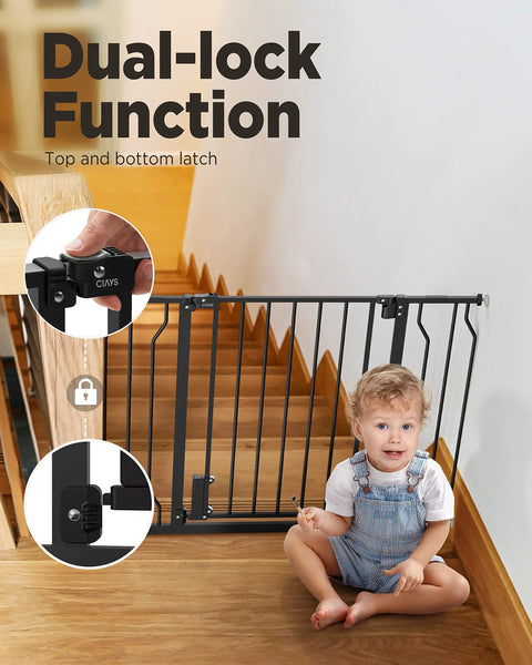 Child sitting by adjustable baby gate with dual-lock feature, 29.5 to 41.3 inches, 30-inch tall metal safety gate for stairs and doorways.