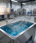 Stainless Steel Ultrasonic Cleaner Basket Replacement Wire Mesh Filter Insert For Metal Parts Washing And Tool Holders 8x4x3 Inches Heavy Duty Design Boosts Fluid Circulation And Keeps Your Parts Secure During Cleaning, angled over tank