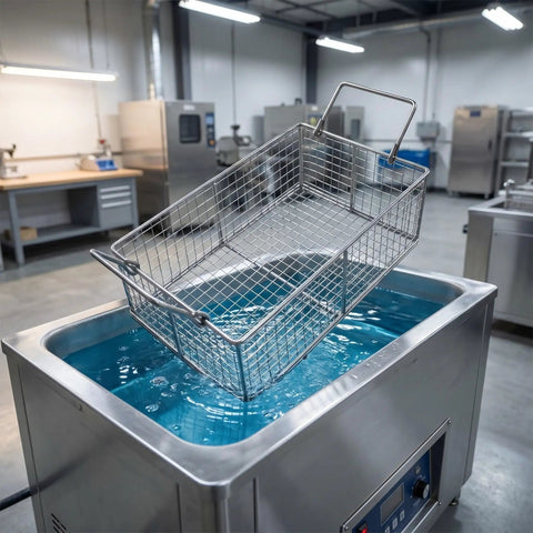 Stainless Steel Ultrasonic Cleaner Basket Replacement Wire Mesh Filter Insert For Metal Parts Washing And Tool Holders 8x4x3 Inches Heavy Duty Design Boosts Fluid Circulation And Keeps Your Parts Secure During Cleaning, angled over tank