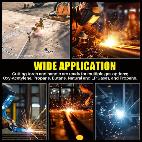 Heavy Duty Oxygen Acetylene Cutting Torch Kit With Attachment And 315FC Handle in use, cutting through steel with sparks flying.