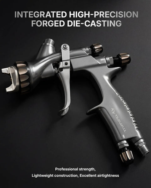 Professional Grade HVLP Spray Gun Kit Featuring Built Tough Stainless Steel Flow Channel And Precision Nozzles For Crisp Atomization Zero Drama And Flawless Auto Finishes close-up of high-precision spray gun design.