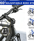 Close-up of adjustable bike stem with 31.8mm clamp, 60 degree riser, and 100mm length, showing dial for easy handlebar angle adjustment.
